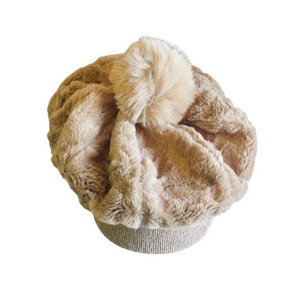 Tan Plush Pom-Pom Beret Hat With Visor Women’s Winter Warm Faux Fur Knit Interio - Picture 5 of 5